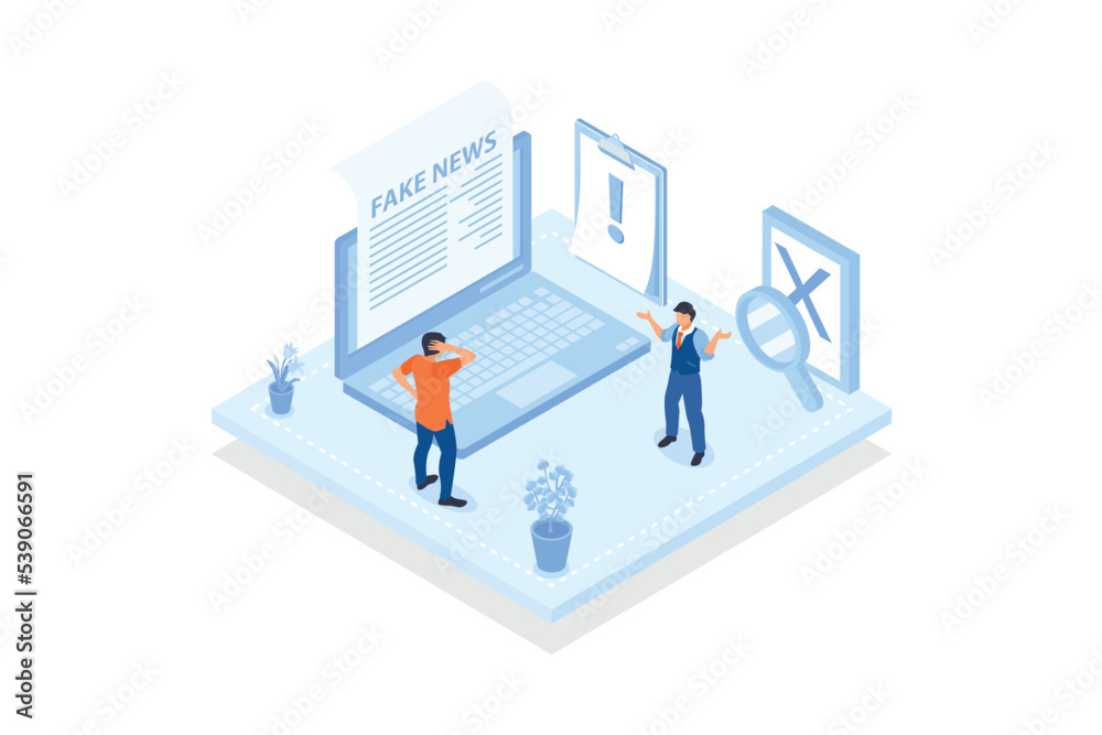 Landing page template with people reading newspaper on laptop computer and warning signs. Scene for fake news, internet media with false misleading information, isometric vector modern illustration