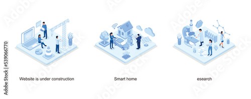 Website under construction concept with characters, Smart house with solar panel and electric car, Medical research concept, set isometric vector illustration