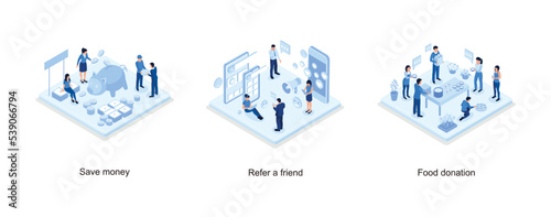 People Characters Standing near Piggy Bank, Gold Coins Stack and Banknotes Bundle, Social media referral program concept with characters, Food donation concept with character, set isometric vector ill