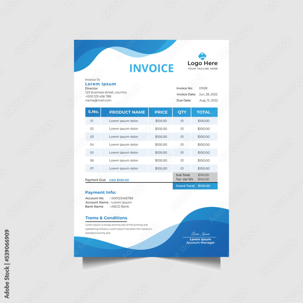 Business money bills or price invoices design template. Premium Corporate Professional clean Sales payment pricelist Invoice with Tax Design Vector Template