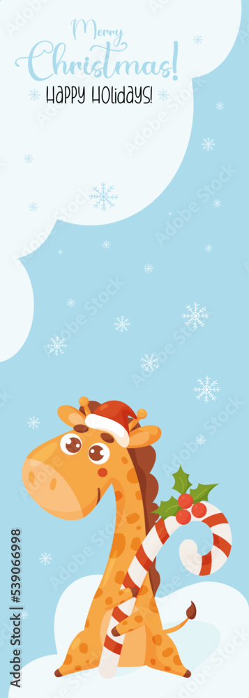 Fototapeta premium Christmas poster with cute giraffe in santa hat with caramel stick on blue background with snowflakes. Vector illustration. vertical template for design, holiday cards, banners, print and decor
