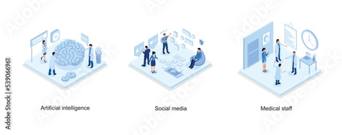 Artificial intelligence concept, People Characters standing near Smartphone and looking at new Social Media Post, Different medical staff characters, set isometric vector illustration