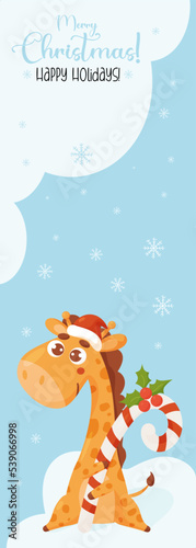 Christmas poster with cute giraffe in santa hat with caramel stick on blue background with snowflakes. Vector illustration. vertical template for design, holiday cards, banners, print and decor