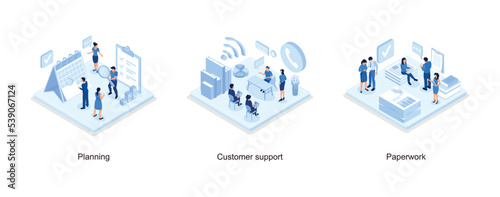 People Planing and Putting Check Mark on Laptop Screen, Customer support concept, People do paperwork concept design, set isometric vector illustration