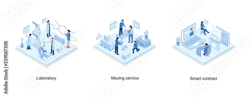 Medical laboratory concept, Ready for Transportation Carton Boxes Stack standing on Floor, Smart contract concept, set isometric vector illustration