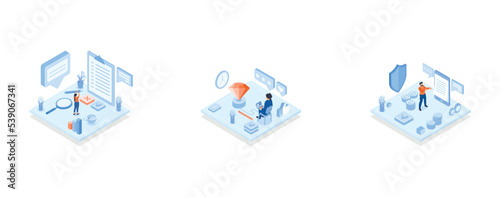 Conceptual template with woman filling in form or answering questions, Conceptual template with woman working on keyboard connected to platform with diamond, Conceptual template with man looking at pa