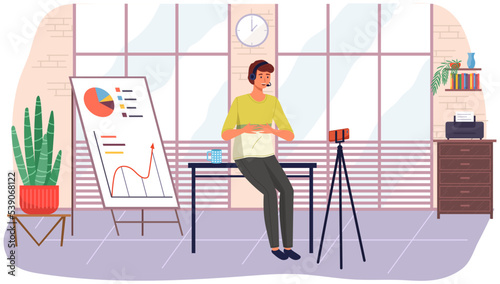 Negotiation session, blogger recording video for blog. Video call, podcast concept. Man with smartphone talking to friend on screen at online meeting. Distance learning at educational platform