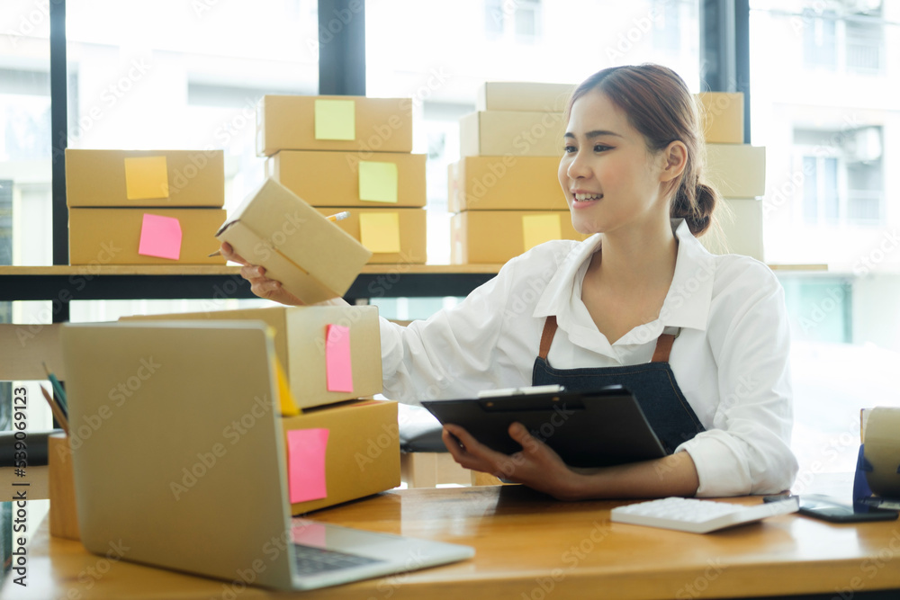 Female entrepreneur checking order preparing for delivery. Female entrepreneur checking order preparing for delivery.