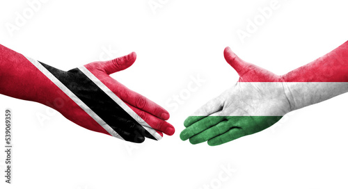 Handshake between Hungary and Trinidad Tobago flags painted on hands, isolated transparent image.