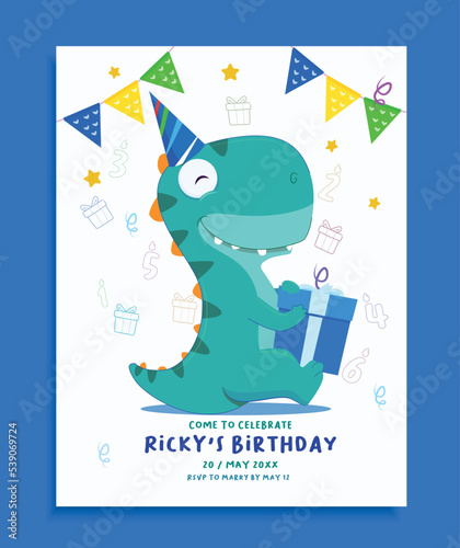 children's birthday invitation template with cute dinosaur