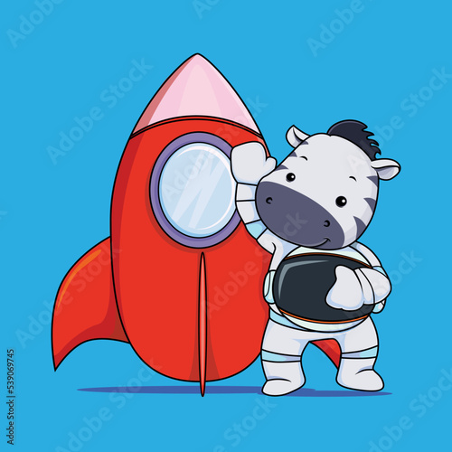 Cute zebra astronaut with rocket cartoon illustration vector premium