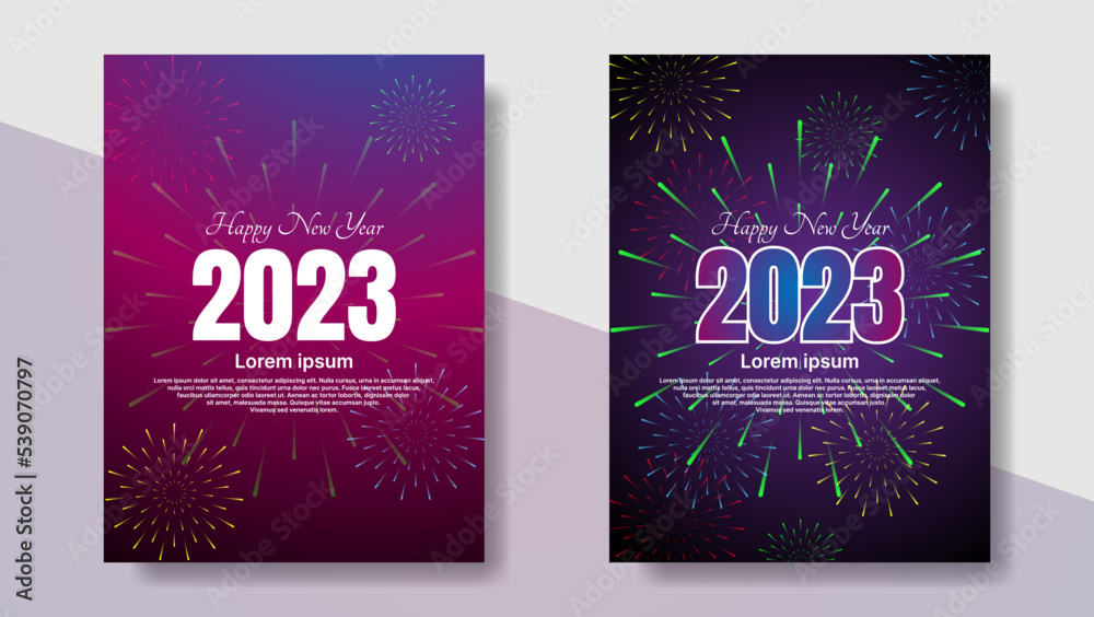 Happy New Year 2023 poster design with firework and gradient background. vector illustration