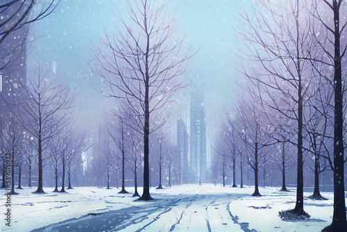 city park with trees during winter, winter trees, background, concept art, digital illustration © Badger
