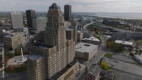 flying towards and around iconic City Hall of Buffalo NY photo