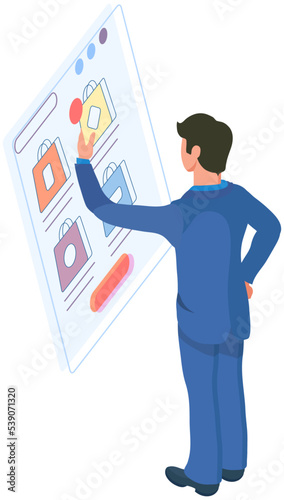 Businessman using mobile phone for online trading, internet shopping. Form of e-commerce allows consumers to directly buy goods or services from merchant over Internet using web browser, mobile app