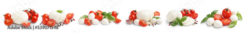 Set of tasty mozzarella cheese with tomatoes and basil isolated on white