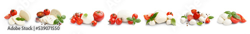 Set of tasty mozzarella cheese with tomatoes and basil isolated on white