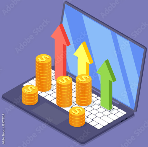 Financial profit growth. Business and trading making money online with laptop and internet golden coins and arrows growing up. Investment and analysis money profits. Investor successful project