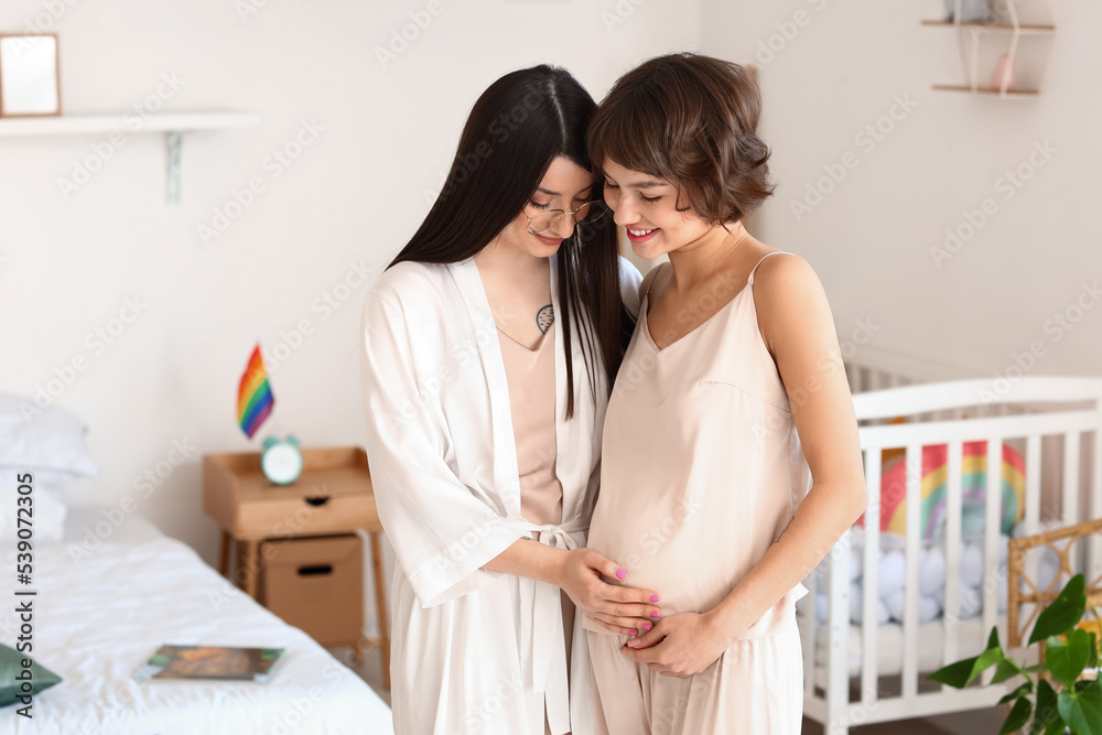 Young pregnant woman with her wife in bedroom Young pregnant woman with her wife in bedroom
