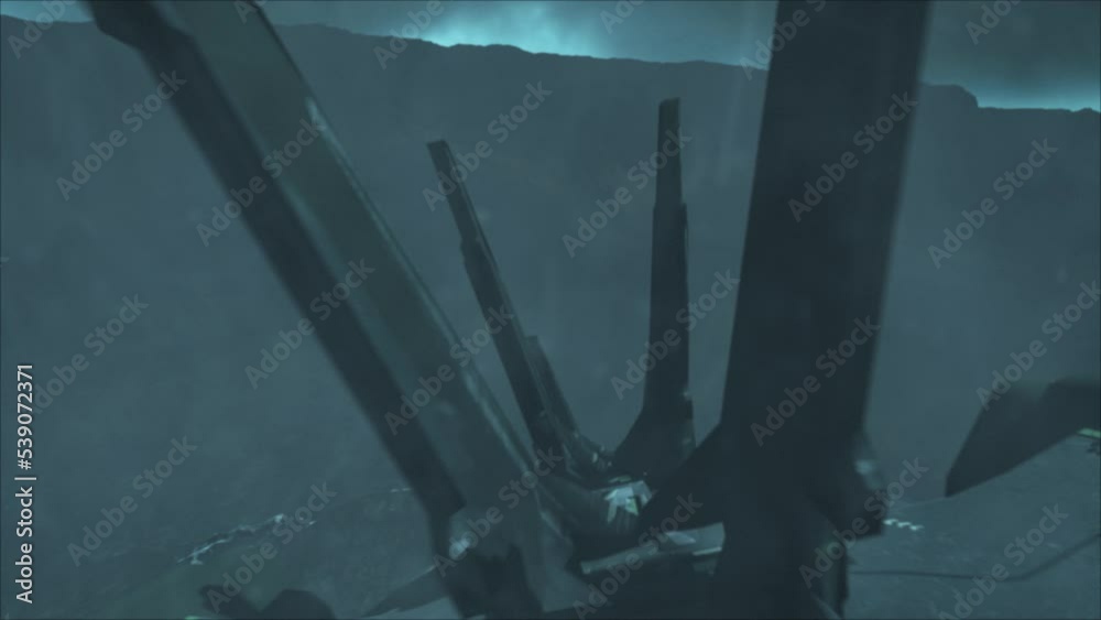 Cinematic reveal shot of a stormy mountainous alien crash site, flying