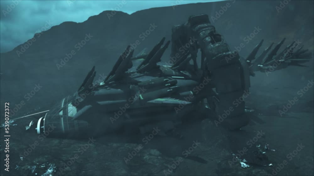 Cinematic shot of a stormy ancient alien crash site, with a smooth