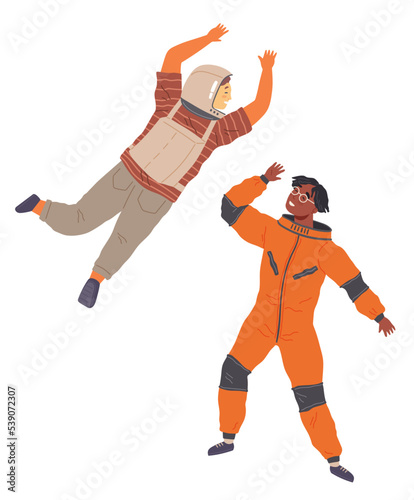Dancing astronaut, spaceman. Man dressed as astronaut at party. Outfit for holiday in cosmic style. People in space suit raising hands and dancing. Happy characters in costume of space explorer