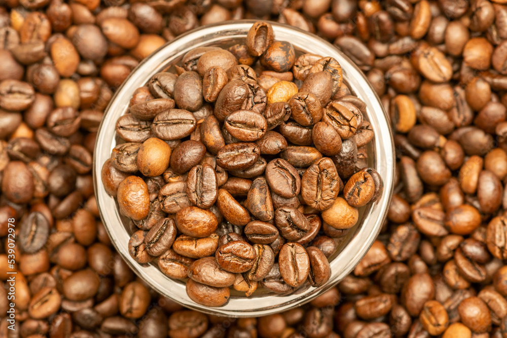 Roasted coffee beans scattered on the table and a small coffee cup. Roasted coffee beans scattered on the table and a small coffee cup.