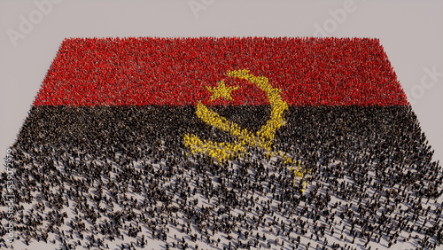 Aerial view of a Crowd of People, gathering to form the Flag of Angola. Angolan Banner on White Background. photo