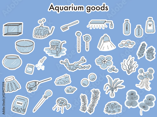 観賞魚の飼育グッズのイラストセット 　アクアリウム水槽