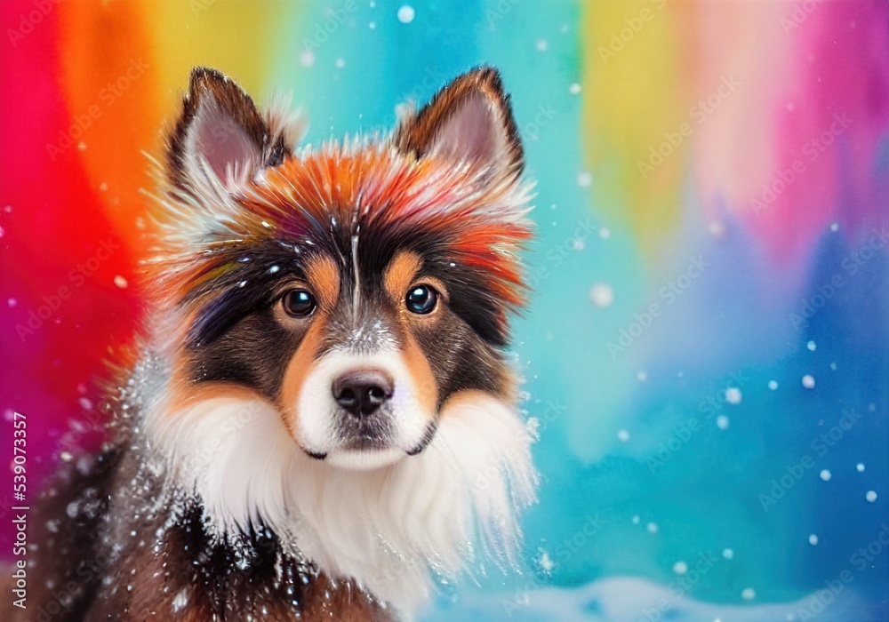 Naklejka premium Brown and white puppy in snow, watercolor pastel