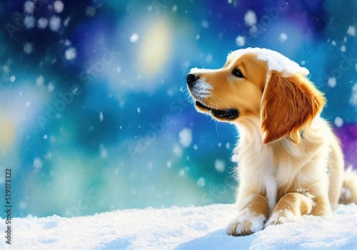 Golden Retriever puppy laying in falling snow, space for text