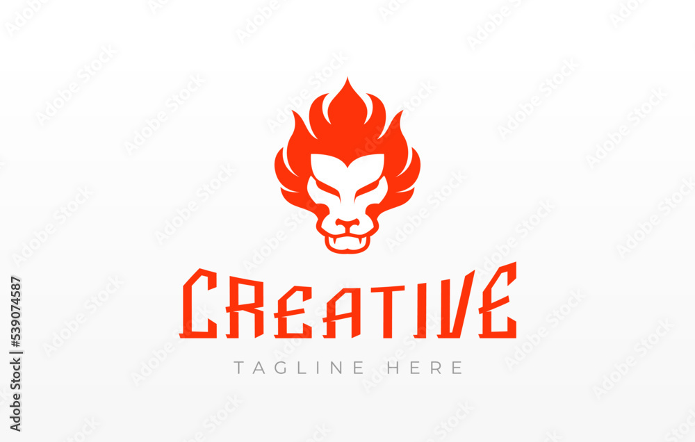 Lion's Head Burning Fire Logo Design Template