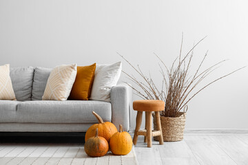 Basket with tree branches, stool, pumpkins and sofa near light wall