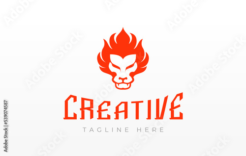 Lion s Head Burning Fire Logo Design Template