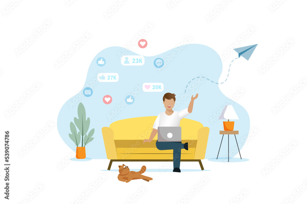 Happy man on sofa with social media marketing icons. Influencer, blogger and social business influencer marketing concept. Happy man on sofa with social media marketing icons. Influencer, blogger and social business influencer marketing concept.