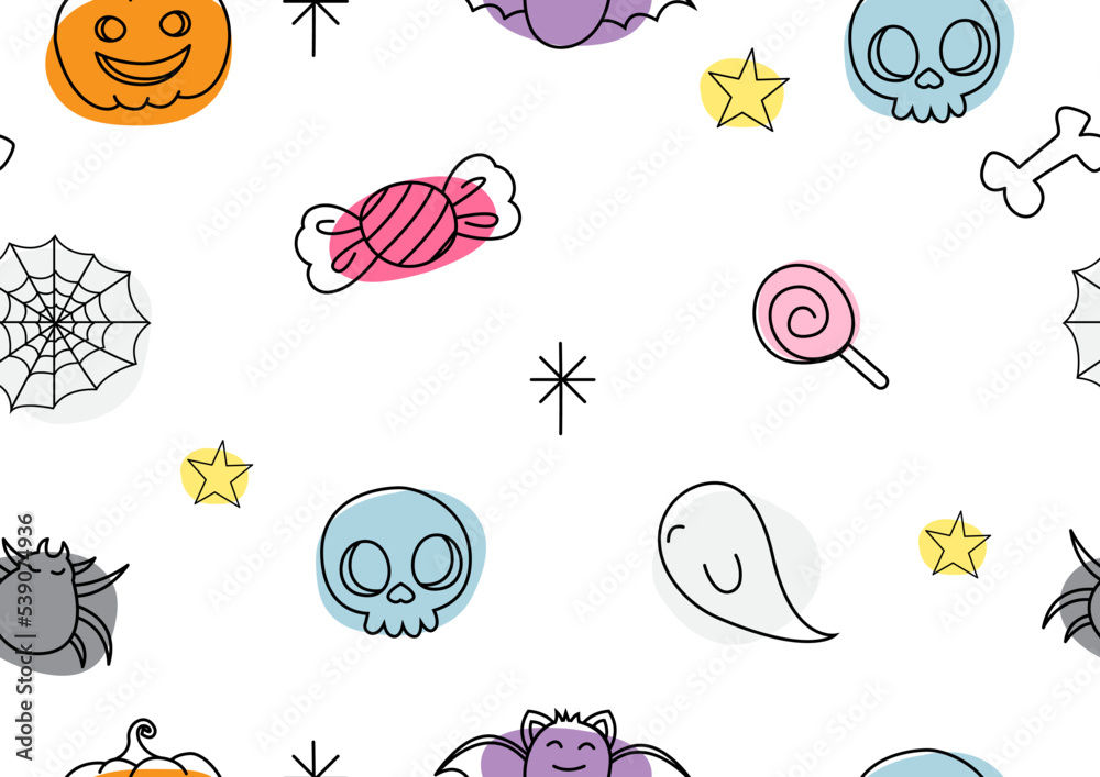 Cute sign and symbols of Halloween seamless wallpaper and gift wrapped in flat style and vector design.