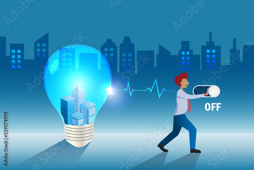 Energy crisis, earth hour concept. Man switch off lightbulb to save energy consumption in city buildings. World environment day, earth day, sustainable environment.