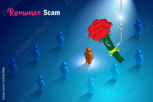 Romance scam, online dating phishing scam. Red roses bouquet with phishing hook on victim woman for fraud chatting. Cyber crime and attack on woman.