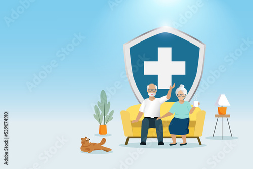 Medical insurance for senior healthcare protection. Happy elderly couple on sofa with medical shield. Healthy aging and senior care.