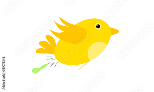 Vector of bird droppings in flight. Cute bird design, in yellow color. Great for bird hygiene logo on white background.