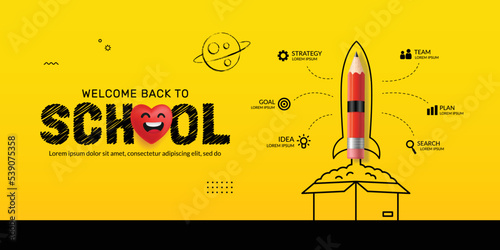 Pencil Rocket launching out from the box infographic, Back to School background, Think outside the box concept