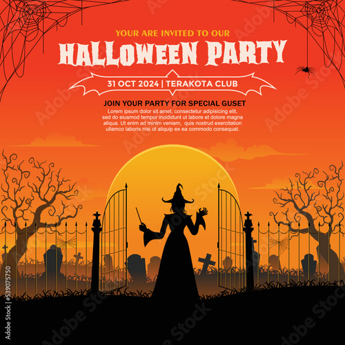 Halloween spooky cartoon illustration. Graphic design for the decoration of gift certificates, banners and flyer.