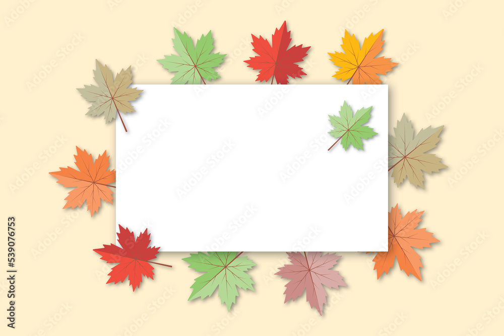 Colorful variegated foliage background with empty white circle. Autumn or fall leaves and thanksgiving day concept. shadow overlay. copy space for the text. illustration paper cut design style. Colorful variegated foliage background with empty white circle. Autumn or fall leaves and thanksgiving day concept. shadow overlay. copy space for the text. illustration paper cut design style.