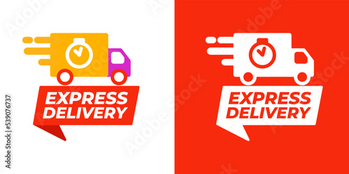 Express delivery fast truck icon sign. Isolated on white and red background.