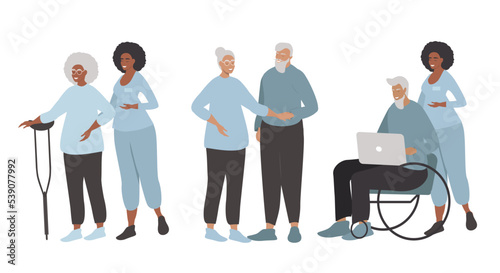 vector illustration in a flat style - a set of pictures on the theme of the elderly