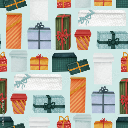 Gift boxes seamless pattern. Illustration in watercolor style for the design of packaging paper, fabric, textiles.