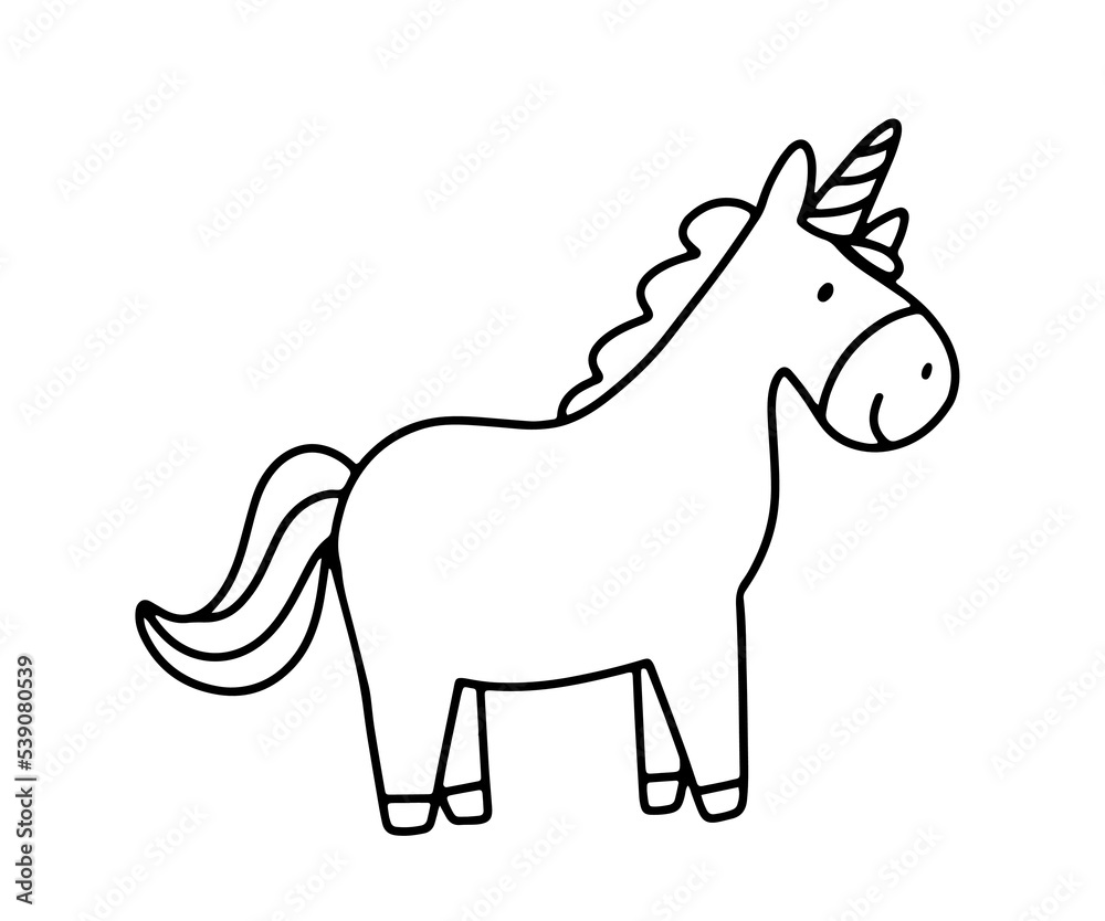 Fantasy outline cute funny unicorn for coloring page. Vector doodle illustration isolated on white background.