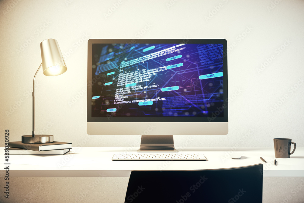 Modern computer display with abstract programming language hologram, artificial intelligence and machine learning concept. 3D Rendering Modern computer display with abstract programming language hologram, artificial intelligence and machine learning concept. 3D Rendering