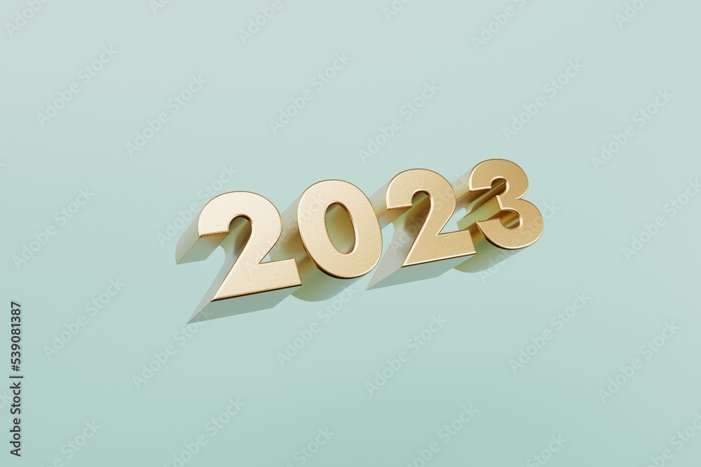 Extruded gold numbers 2023 new year on blue background 3d render.