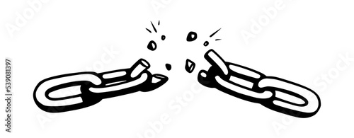 Broken chain with shatters as symbol of strength and freedom. Sketch of metal chains. Vector illustration isolated in white background